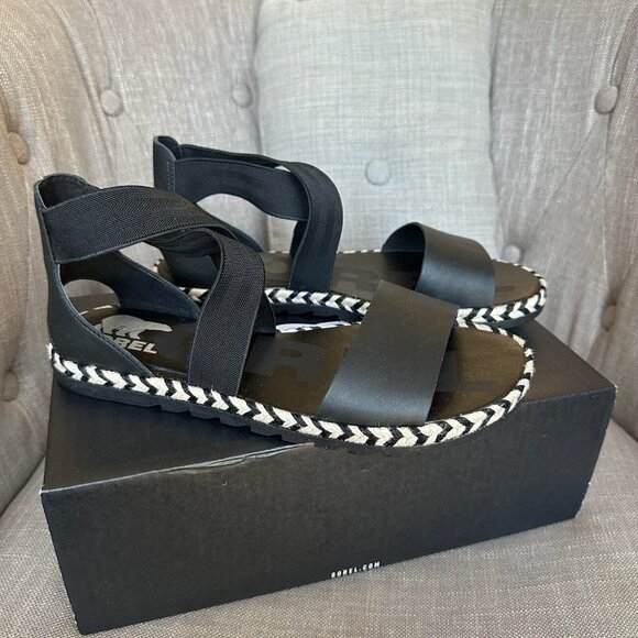 Sorel Shoes - Sorel Sandals Womens 9.5 Black White ELLA  II Ankle Strap Leather Shoes NIB